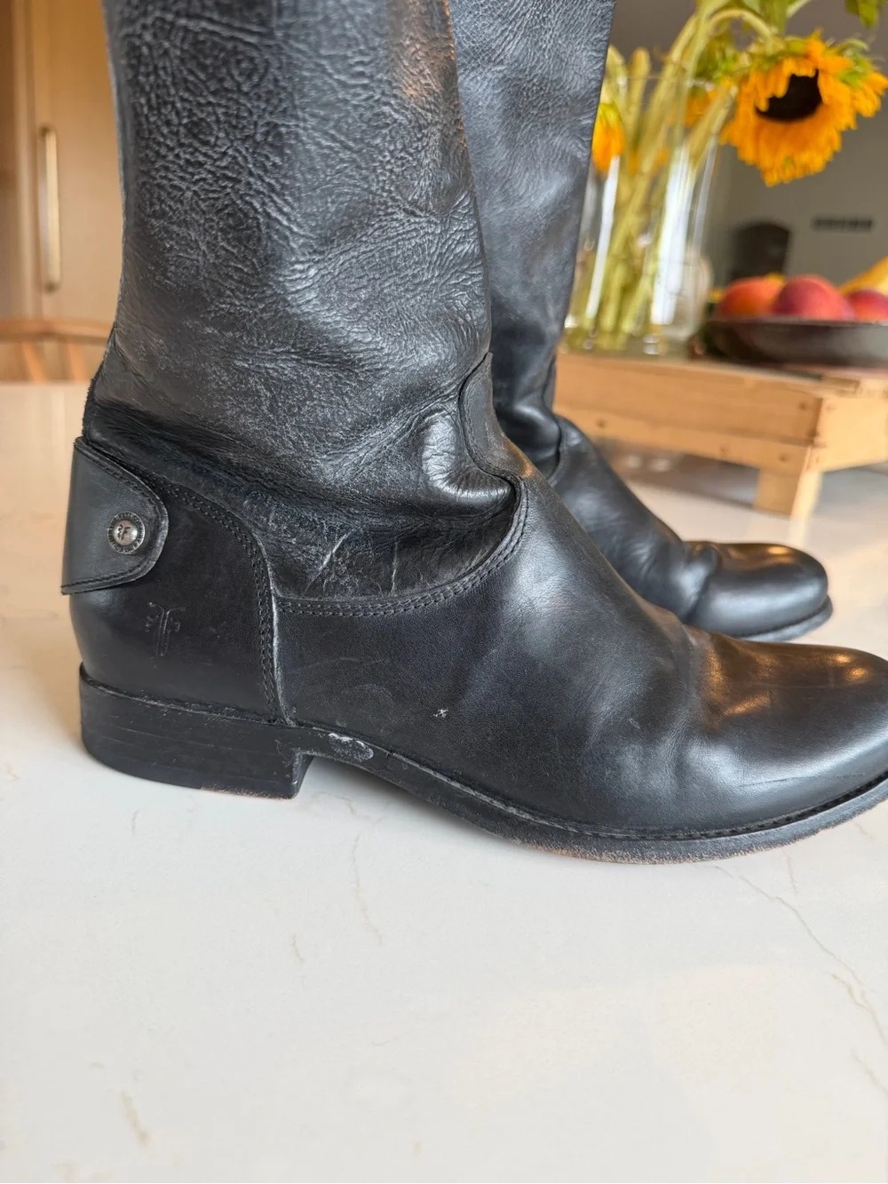 Frye Black Tall Melissa Button Leather Riding Boots High Shaft Zipper / 9.5